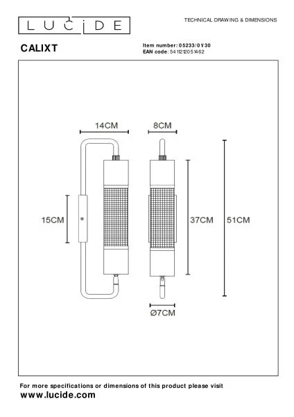 Lucide CALIXT - Wandleuchte - 1xE27 - Schwarz - TECHNISCH